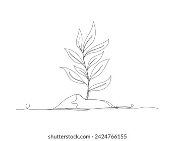 Dibujo continuo de una línea de brotes de plantas en crecimiento sobre fondo blanco ilustración vectorial.