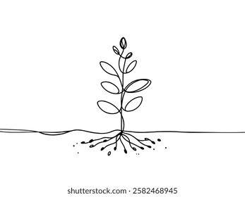Continuous one line drawing growing plant. Seeds sprout in ground. Seedling gardening plants, sprouts. Single line draw vector graphic illustration