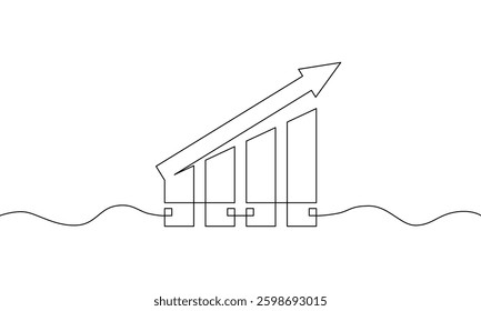 Continuous one line drawing of growing business graph. Flat design icon of upward trend arrow. succes symbol, financial increase. Single line art of bar chart
