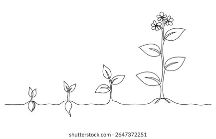 Desenho contínuo de uma linha de fases de cultivo da planta. Sementes germinando no solo. Mudas de plantas de jardim, brotos. Desenho de linha única ilustração gráfica vetorial Traçado editável