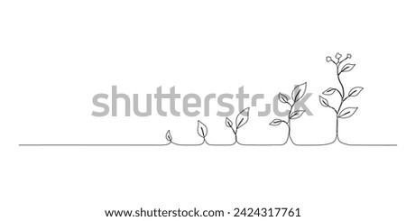 Continuous one line drawing growing plant. Seeds sprout in ground. Seedling gardening plants, sprouts. Single line draw vector graphic illustration