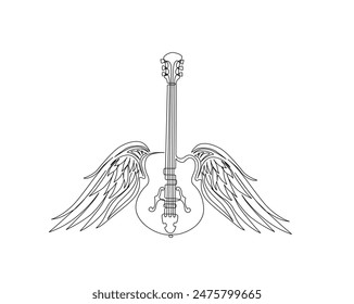 Continuous one line drawing of guitar with wings. Guitar angel concept in single outline vector illustration. Editable stroke.