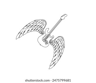 Continuous one line drawing of guitar with wings. Guitar angel concept in single outline vector illustration. Editable stroke.