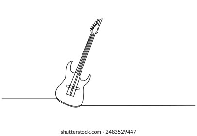 
Continuous one line drawing of a guitar, Guitar one line art. Continuous line drawing of musical, equipment, song, guitar, electric, melody, rock, volume, chord, bass, acoustic with an inscription, 