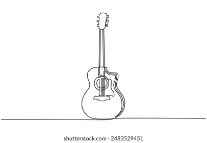 
Continuous one line drawing of a guitar, Guitar one line art. Continuous line drawing of musical, equipment, song, guitar, electric, melody, rock, volume, chord, bass, acoustic with an inscription, 