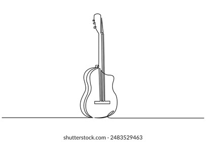 
Continuous one line drawing of a guitar, Guitar one line art. Continuous line drawing of musical, equipment, song, guitar, electric, melody, rock, volume, chord, bass, acoustic with an inscription, 