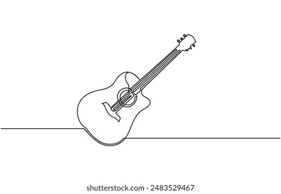 
Continuous one line drawing of a guitar, Guitar one line art. Continuous line drawing of musical, equipment, song, guitar, electric, melody, rock, volume, chord, bass, acoustic with an inscription, 