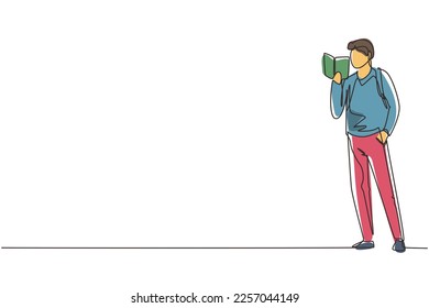 Continuous one line drawing guy standing and reads book that holds in one hand. Young man love to read. Male students with open books in hands. Single line draw design vector graphic illustration