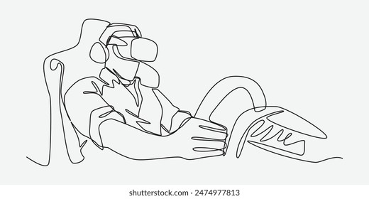 Continuous one line drawing of guy using virtual reality headset and playing car racing game, racing simulator. Editable line. Graphic illustration.