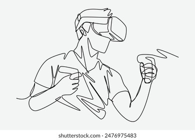 Continuous one line drawing of guy using virtual reality headset and playing boxing, fighting, action game. Editable line. Graphic illustration.