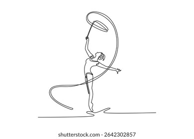 Continuous one line desenho ginástica rítmica mulher dançarina performance com fita. Habilidade criativa e talento de evento de concerto na arena de prática. Ilustração gráfica vetorial de design de desenho de linha única