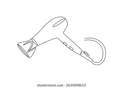 Continuous one line drawing of Hair dryer. Single line drawing illustration of Blow dryer. Professional hair style tool concept vector art. Doodle line illustration.