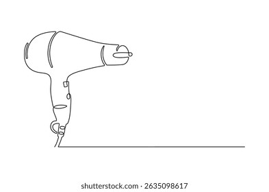 Continuous one line drawing of Hair dryer. Single line drawing illustration of Blow dryer. Professional hair style tool concept vector art. Doodle line illustration.