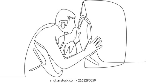 Continuous one line drawing Hajj pilgrim kissing the Black Stone (Hajar al-Aswad) of Kaaba. Hajj and umrah concept. Single line draw design vector graphic illustration.	