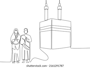 Continuous one line drawing Hajj pilgrims greeting in front of Kaaba. Hajj and umrah concept. Single line draw design vector graphic illustration.