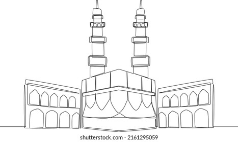 Continuous one line drawing Hajj or Pilgrimage Background. Hajj and umrah concept. Single line draw design vector graphic illustration.