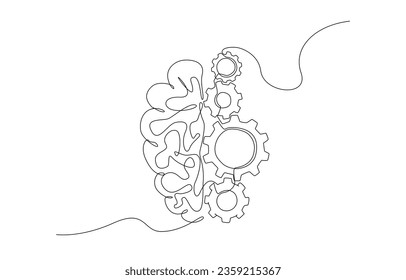 Dibujo continuo de una línea de los engranajes de la mitad del cerebro y de la rueda cognitiva, mecanismo de pensamiento, concepto de pensamiento sistemático, ilustración vectorial de diseño de una sola línea.