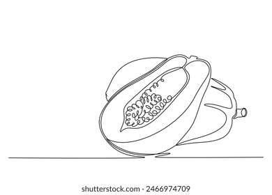 Continuous one line drawing of half sliced and whole healthy organic papayas for orchard logo. Freshness summer fruitage concept fruit garden icon. Single line draw design vector graphic illustration