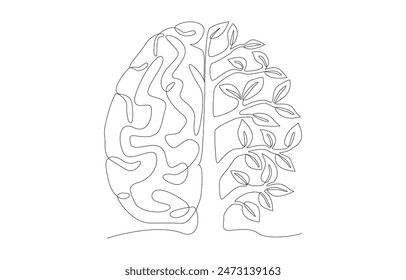 Dibujo continuo de una línea de medio cerebro humano y medio árbol abundante, visión amigable con el medio ambiente, concepto de idea de ecología, arte de una sola línea.