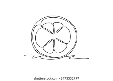 Continuous one line drawing half cut healthy sweet red organic mangosteen for orchard logo identity. Fresh fruitage concept for fruit garden icon. Single line draw design vector graphic illustration