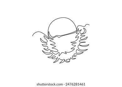 Continuous one line drawing of one half peeled healthy sweet organic rambutans for orchard logo identity. Fresh hairy fruit concept for garden icon. Single line draw design vector graphic illustration