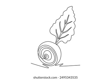 Continuous one line drawing half sliced healthy organic beetroot for plantation logo identity. Fresh garden beet plant concept for vegetable icon. Single line draw design vector graphic illustration