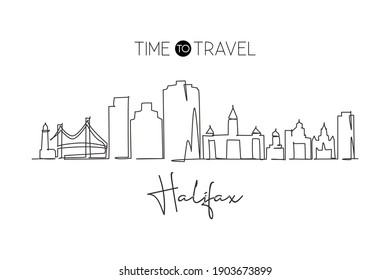 Continuous one line drawing Halifax city skyline, Nova Scotia Canada. Beautiful landmark. World landscape tourism travel wall decor poster print. Stylish single line draw design vector illustration