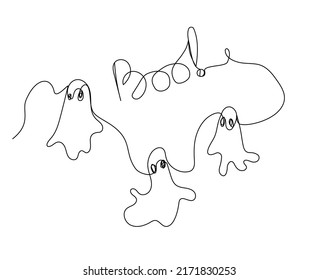 Continuous one line drawing of Halloween ghosts. Vector illustration