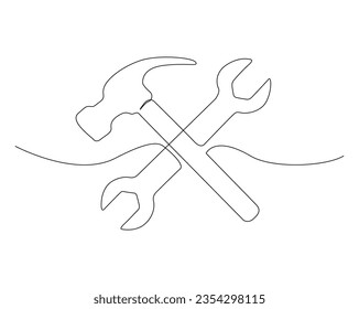 Continuous one line drawing of hammer and wrench. Wrench and hammer outline vector illustration. Editable stroke.