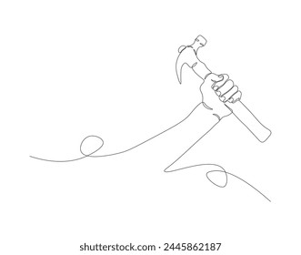 Continuous one line drawing of hammer. One line of hammer. Carpentry concept continuous line art. Editable outline.
