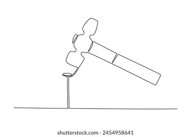Continuous one line drawing of hammer with nail. Vector illustration