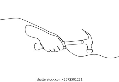 Continuous one line drawing of hammer. One line of hammer, Hammer in hand as one line drawing banner. Continuous hand drawn minimalist minimalism design.