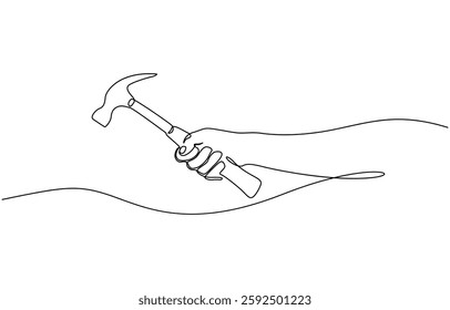 Continuous one line drawing of hammer. One line of hammer, Hammer in hand as one line drawing banner. Continuous hand drawn minimalist minimalism design.