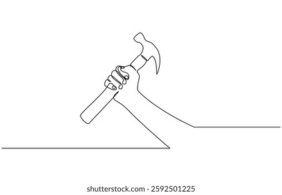 Continuous one line drawing of hammer. One line of hammer, Hammer in hand as one line drawing banner. Continuous hand drawn minimalist minimalism design.