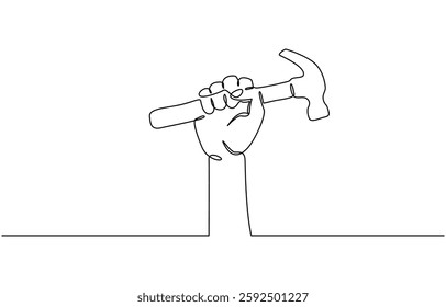 Continuous one line drawing of hammer. One line of hammer, Hammer in hand as one line drawing banner. Continuous hand drawn minimalist minimalism design.