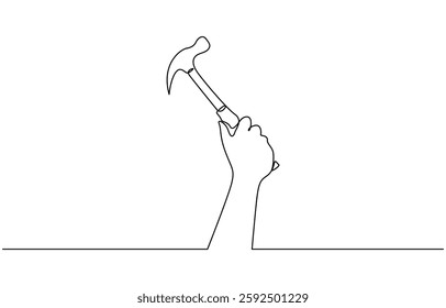 Continuous one line drawing of hammer. One line of hammer, Hammer in hand as one line drawing banner. Continuous hand drawn minimalist minimalism design.