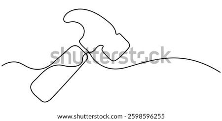 Continuous one line drawing of hammer carpentry equipment. Hammers in single line draw illustration. Editable stroke, Hammer outline modern illustration. Continuous one line drawing,