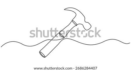 Continuous one line drawing of hammer carpentry equipment, One continuous line drawing of hammer. Single line of hammer vector illustration.