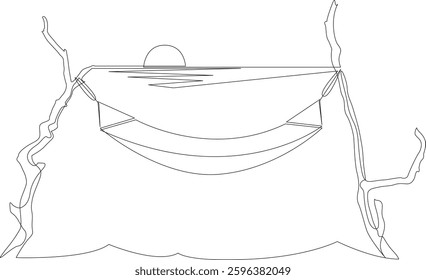 Continuous one line drawing of hammock hanging on the trees with a sunset on the sea in the background. Minimalist single line style vector illustration, editable stroke.