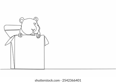 Continuous one line drawing hamster head and legs come out of cardboard box. Box is used as a place to play and hide. Adorable behavior. World Hamster Day. Single line draw design vector illustration