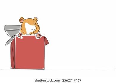 Continuous one line drawing hamster head and legs come out of cardboard box. Box is used as a place to play and hide. Adorable behavior. World Hamster Day. Single line draw design vector illustration