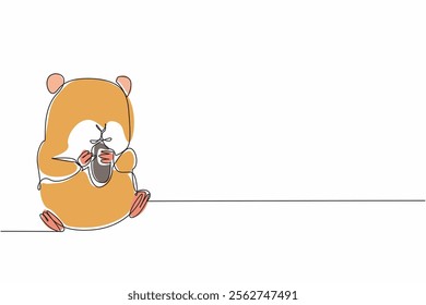 Continuous one line drawing hamster eating sunflower seeds. Eat the favorite food. Eat heartily. Adorable animal behavior. Fluffy fauna. World Hamster Day. Single line draw design vector illustration