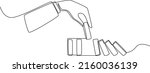 Continuous one line drawing The hand lays down one domino so that another domino does not fall. Stop domino effect of market . Single line draw design vector graphic illustration.