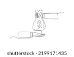 Continuous one line drawing Hand with bag giving money to another hand. Wealth and prosperity concept. Single line draw design vector graphic illustration.