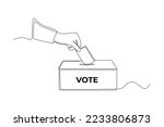 Continuous one line drawing hand putting paper in the ballot box for General Regional or Presidential Election. Voting concept. Single line draw design vector graphic illustration.