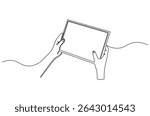 Continuous one line drawing of Hand touching tablet white screen. Single line drawing illustration of Hand holding digital tablet. Marketing and branding concept vector art. Doodle line illustration.
