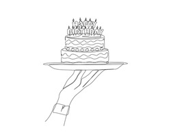 Continuous One Line Drawing Of Hand Serving Birthday Cake. Hand Holding Birthday Cake On A Plate In Single Outline Vector Illustration.  