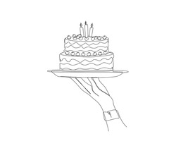 Continuous One Line Drawing Of Hand Serving Birthday Cake. Hand Holding Sweat Cake On A Plate In Single Outline Vector Illustration.  