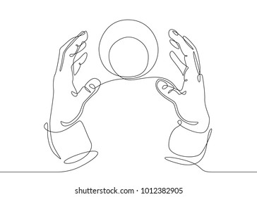 Continuous One Line Drawing Hand Palm Fingers Gestures.Hands With A Crystal Magic Ball