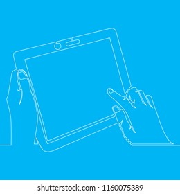 Continuous one line drawing hand holding tablet with finger pointing and touching at screen vector illustration